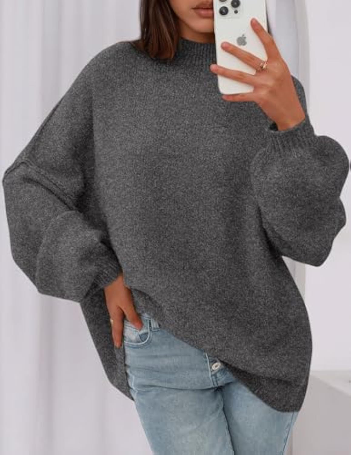 Pull en maille oversize pour femmes avec col montant et manches ballon