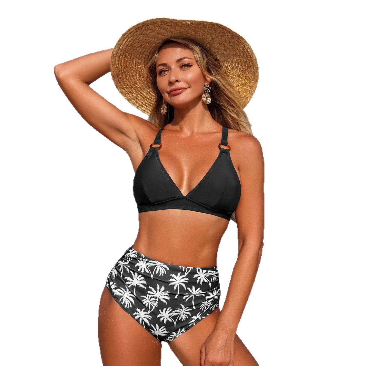 Ensemble de bikini taille haute pour femmes avec bretelles réglables et motif palmiers à la mode R&B