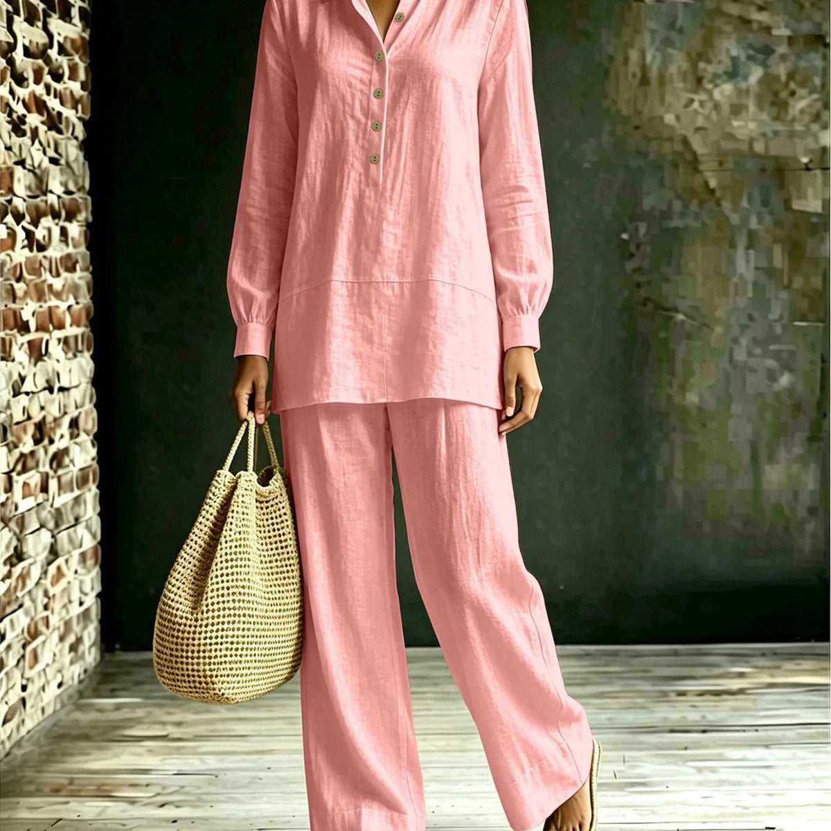 Ensemble tunique-pantalon pour femmes en aspect lin avec col chemise et coupe ample Echoarchiv