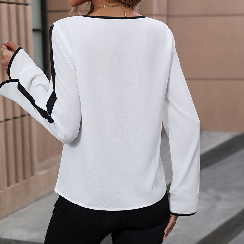 Chemisier en Chiffon Élégant pour Femmes avec Piping Contrasté, Nœud Décoratif et Manches Trompette