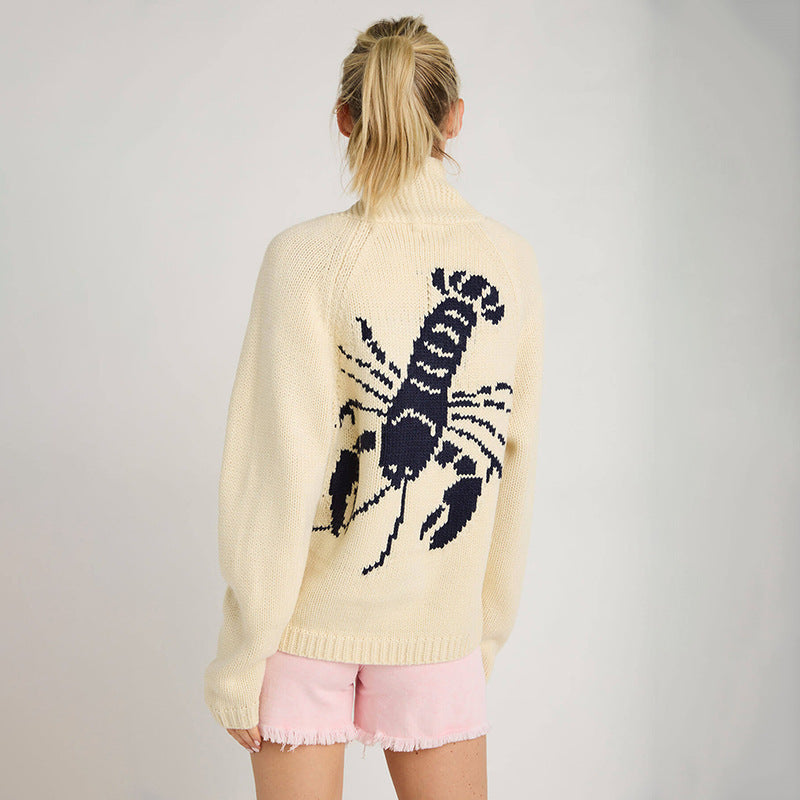 Pull à col roulé en grosse maille pour femmes avec motif en intarsia de homard et coupe oversize décontractée Echoarchiv