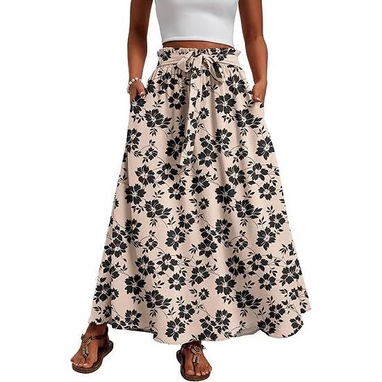 Jupe Maxi Femme avec Ceinture Taille Paperbag, Ceinture à Nouer et Poches Latérales Echoarchiv