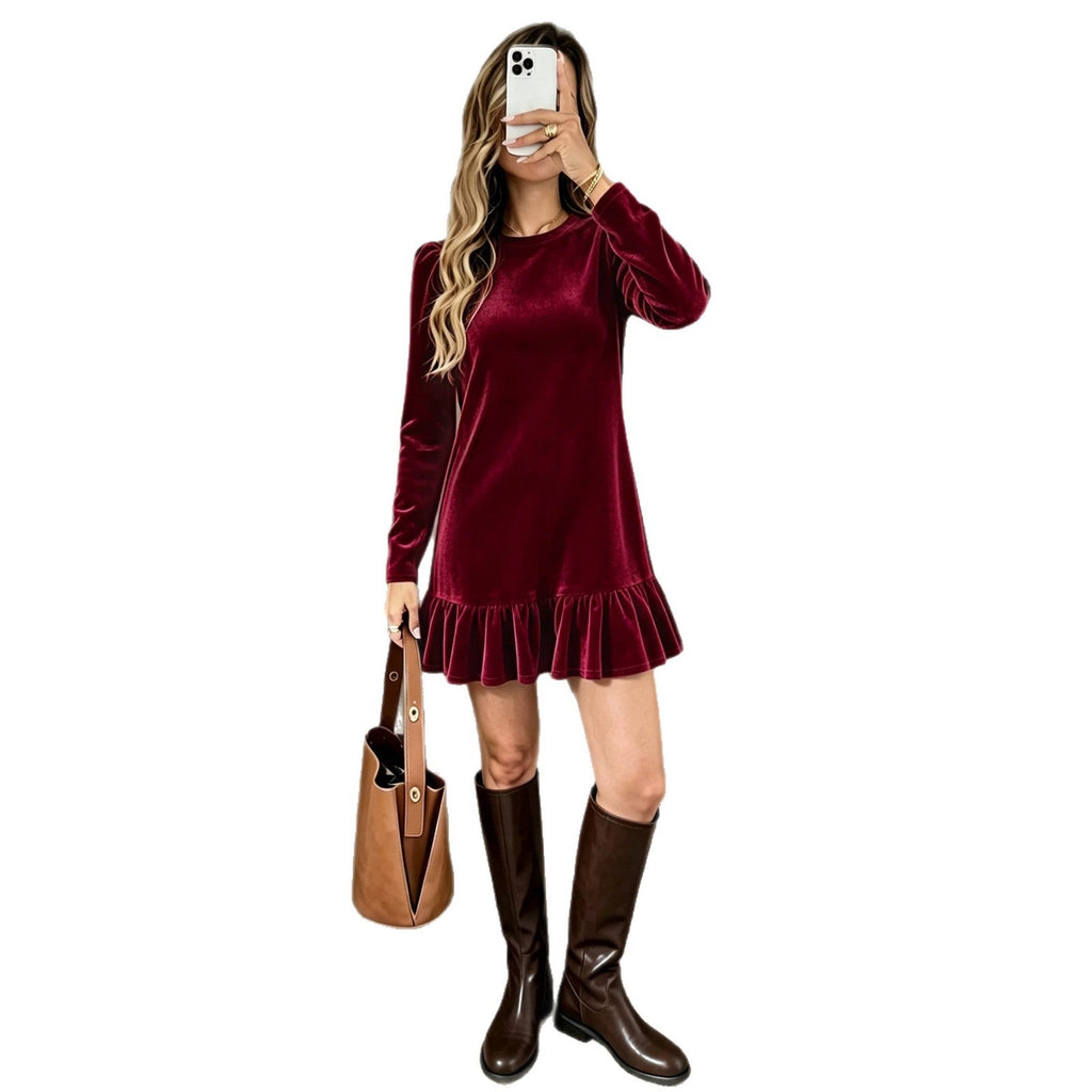 Robe mini en velours pour femmes avec manches longues, ourlet volanté froncé et épaules bouffantes Echo Archive