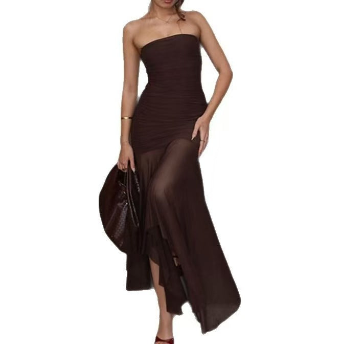 Robe maxi sans manches pour femmes avec élégante fronce et jupe transparente R&B
