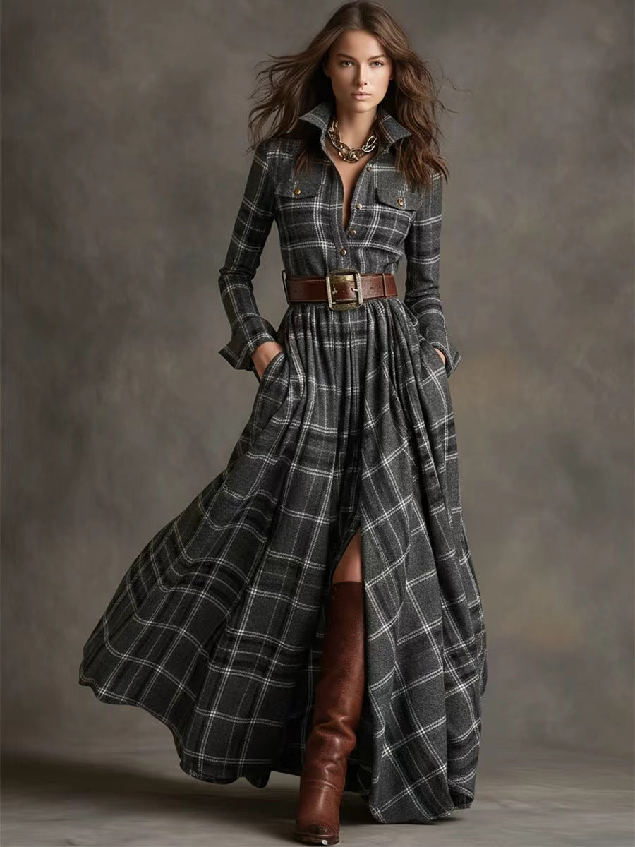 Robe Maxi à Carreaux pour Femmes avec Haut de Chemise, Taille Cintrée et Poches Latérales Echoarchiv