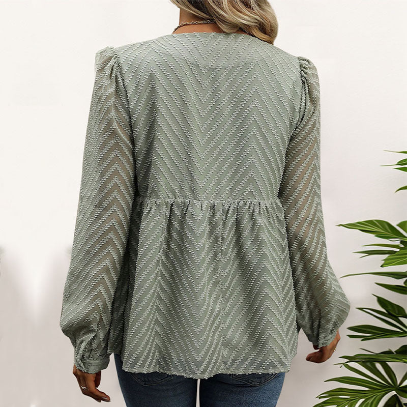 Blouse Peplum en Chiffon pour Femmes avec Structure Chevron, Taille Empire Froncée & Boutonnage Echoarchiv