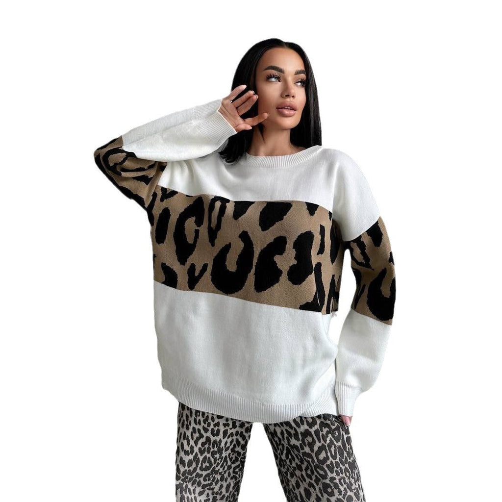 Pull oversized en tricot pour femmes avec des bandes léopard, épaules tombantes et ourlet côtelé