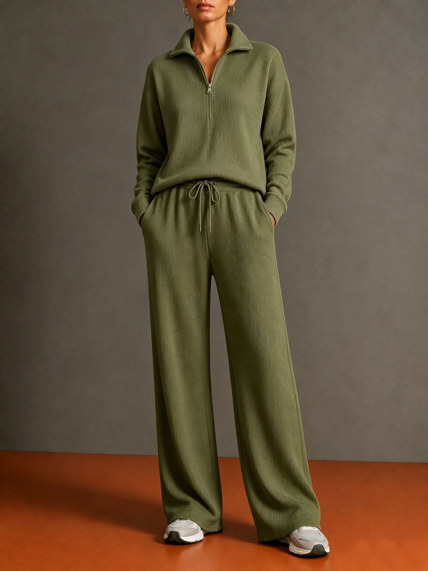 Ensemble de détente en tricot pour femmes avec demi-fermeture éclair, taille élastique et jambes larges - Echo Archiv