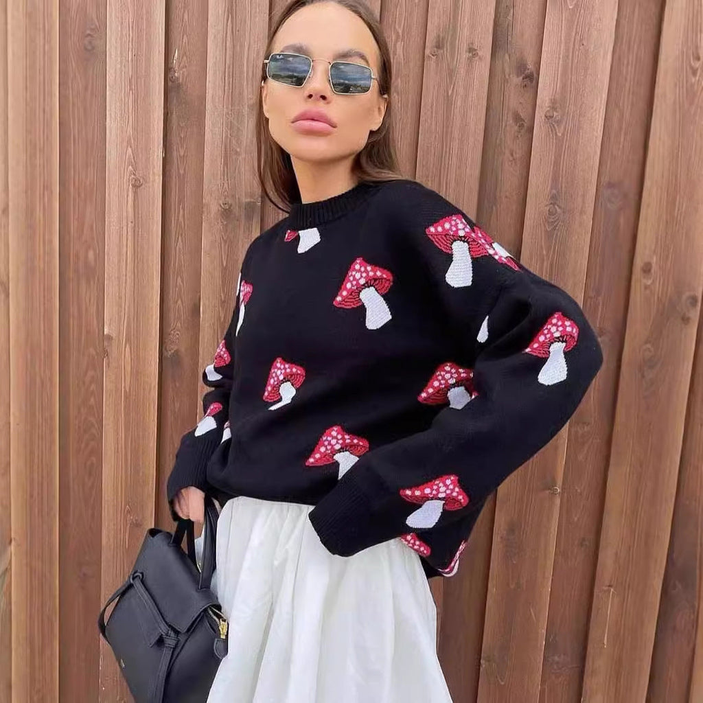 Pull en tricot pour femmes avec motif de champignon, encolure ronde, bords côtelés, Echo Archive