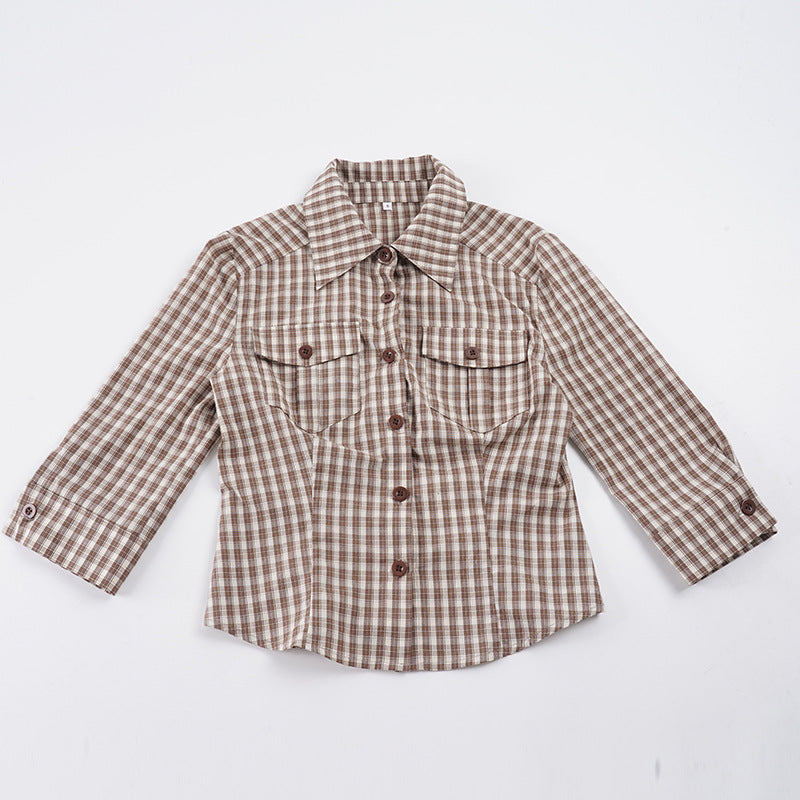 Blouse à carreaux cintrée à manches trois-quarts pour femmes avec poches poitrine et col de chemise Echo Archiv