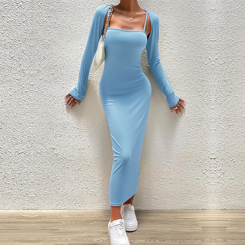 Robe maxi ajustée pour femme avec bretelles spaghetti et manches boléro amovibles