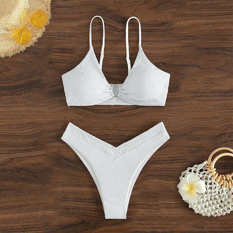 Bikini triangle taille haute pour femmes avec anneau décoratif R&B