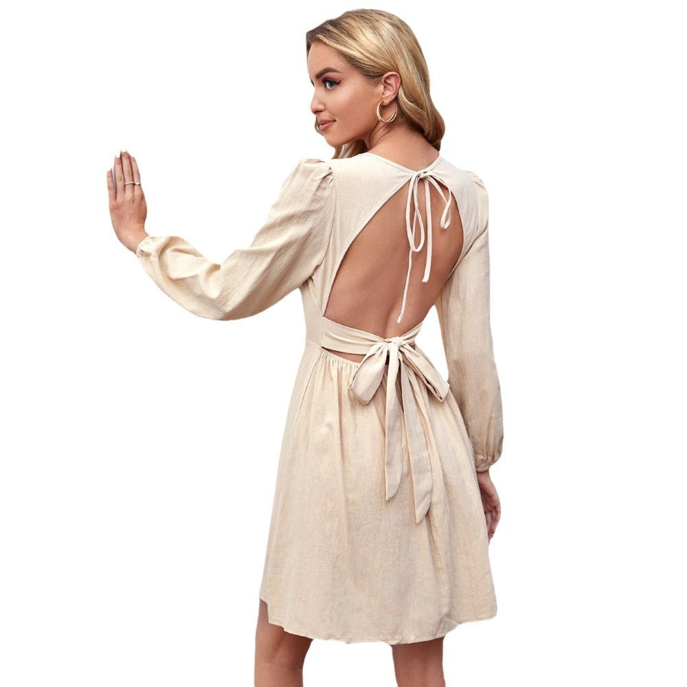 Robe A-ligne dos nu pour femmes avec ceinture à la taille, nœud au cou et manches ballon longues Echo Archiv