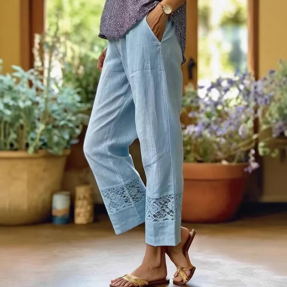 Pantalon léger en lin pour femmes avec accents en dentelle R&B