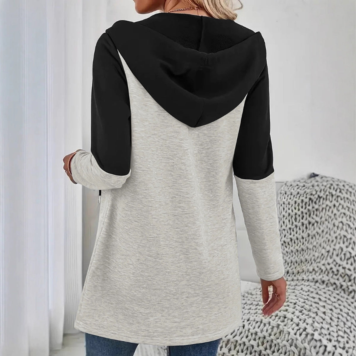 Veste à capuche pour femmes avec colorblock, fermeture éclair et silhouette longue décontractée Echoarchiv