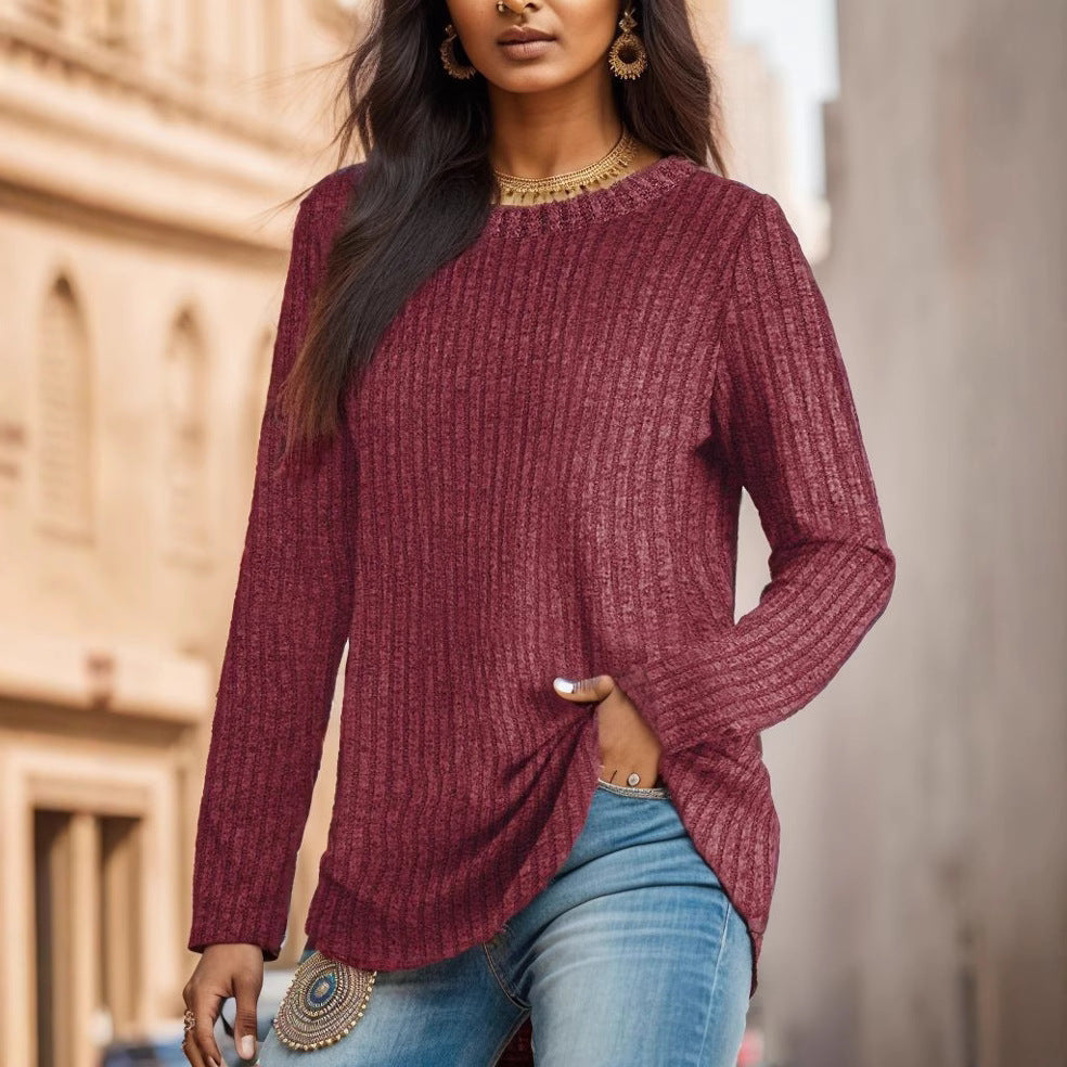 T-shirt long en maille fine côtelée pour femmes avec col rond et ourlet asymétrique