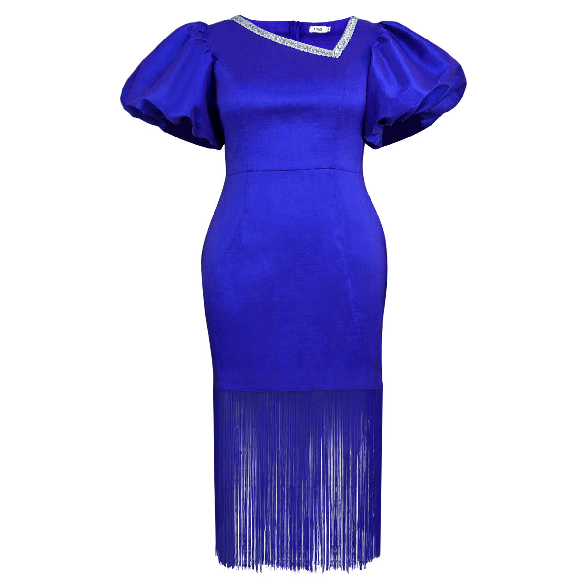 Robe de soirée glamour pour femmes avec des manches bouffantes volumineuses et un ourlet à franges R&B