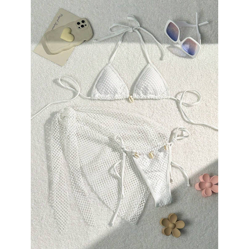 Ensemble de bikini en filet pour femmes avec nœuds à la mode et détails en coquillage R&B