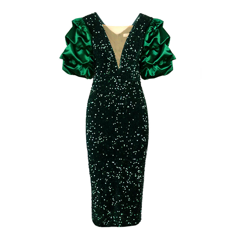 Robe de soirée glamour pour femmes avec des sequins scintillants et des manches volumineuses R&B