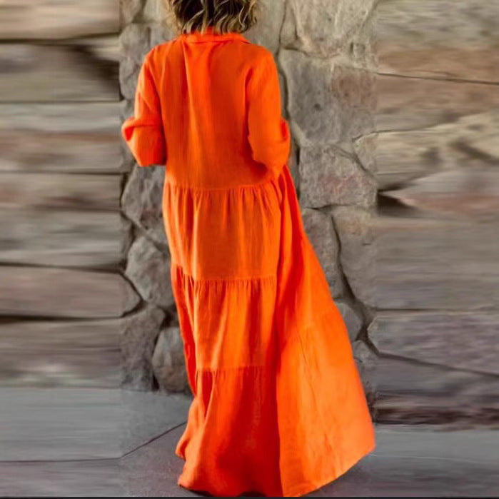 Robe maxi à volants en mélange de lin d'été pour femmes avec col chemise, taille froncée et manches mi-longues R&B