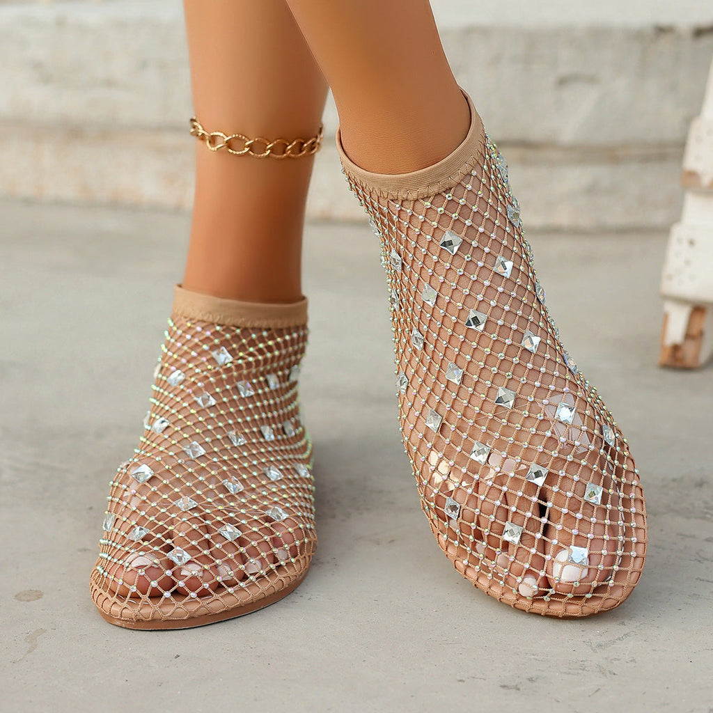 Sandales en filet pour femmes avec des appliques en strass scintillantes R&B