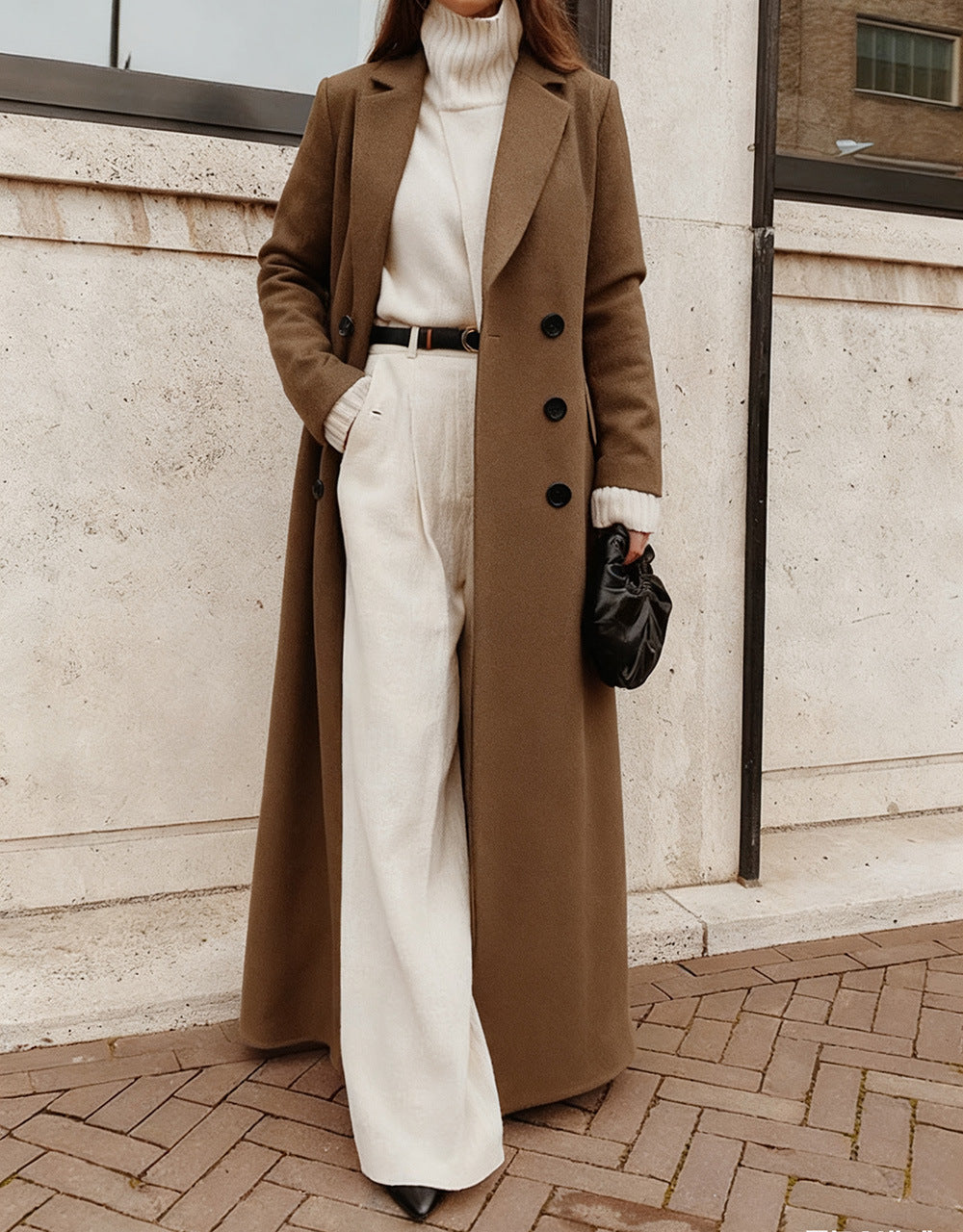 Manteau Long à Double Boutonnage pour Femme avec Poches Profondes