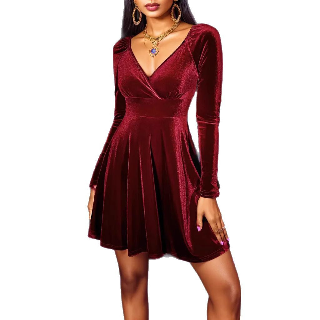 Robe portefeuille en velours pour femmes avec silhouette cintrée, décolleté en V et jupe évasée