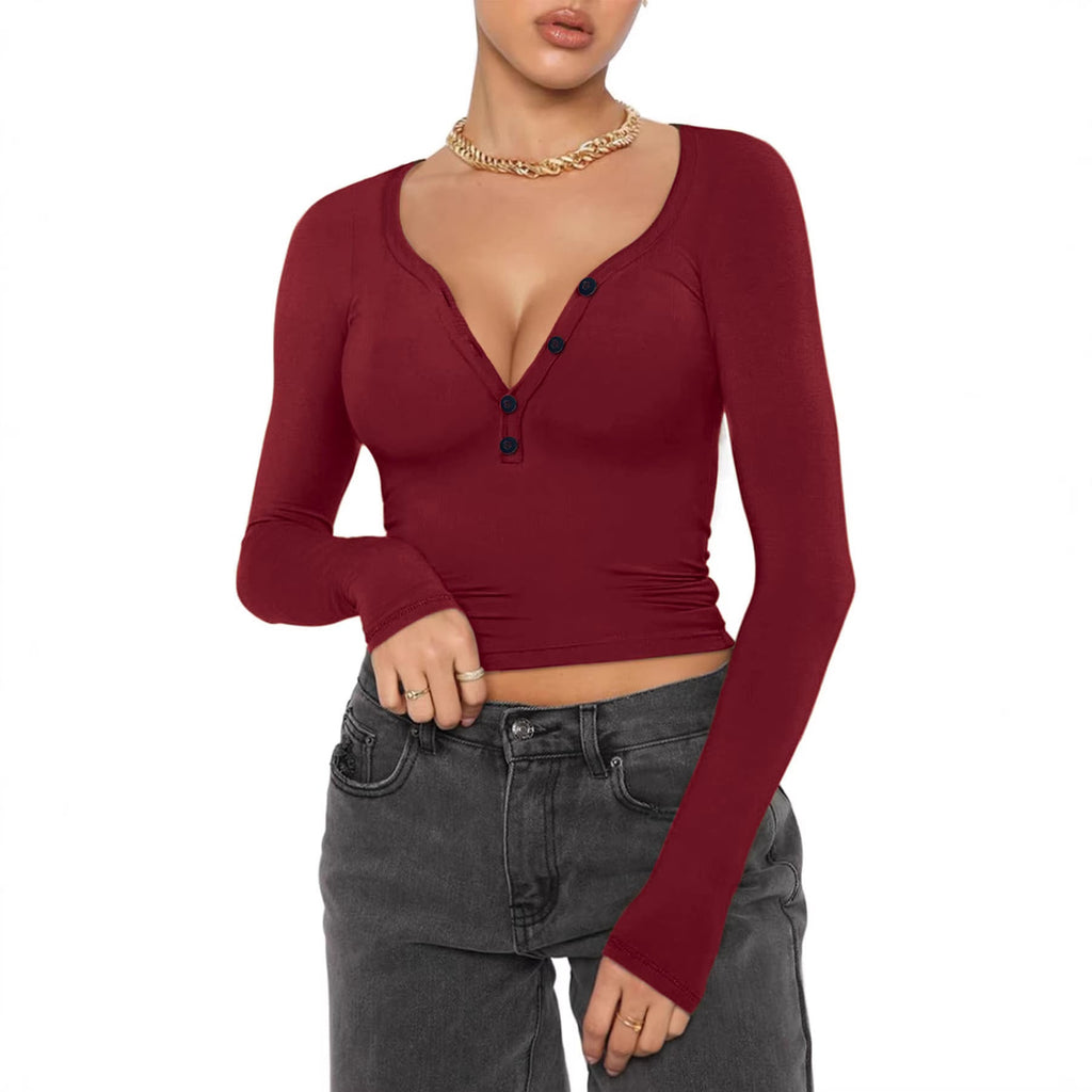T-shirt à manches longues ajusté pour femmes avec patte de boutonnage Henley et décolleté en V profond Echo Archiv