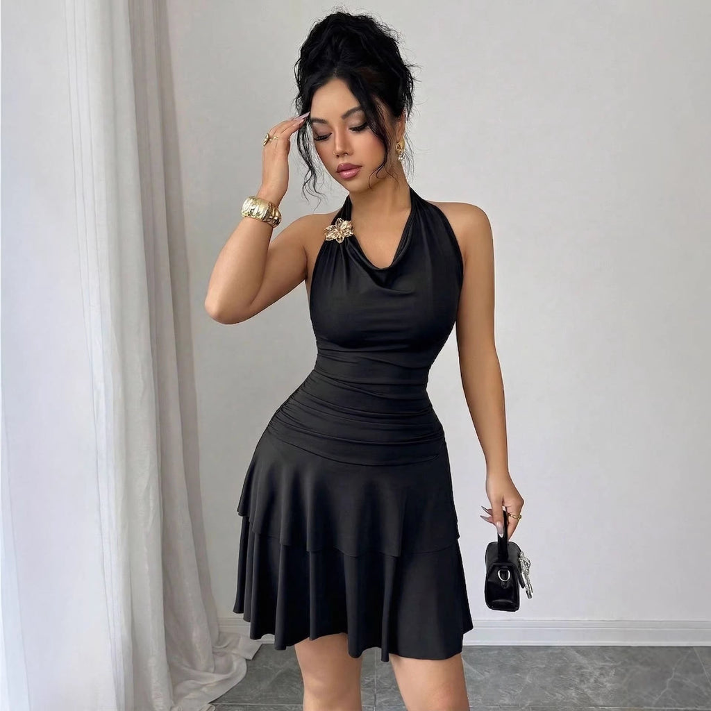 Robe midi à bretelles pour femmes avec décolleté en cascade, fronces cintrées et jupe à volants en cascade R&B