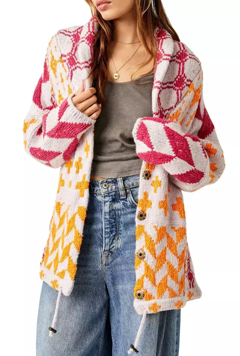 Cardigan oversized pour femmes avec col châle et motif graphique Echoarchiv