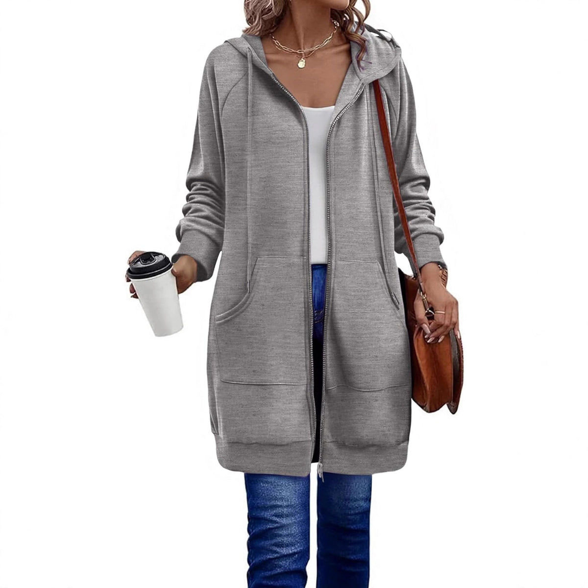 Sweat à capuche zippé long pour femmes avec silhouette oversize, poches kangourou et bords côtelés Echoarchiv
