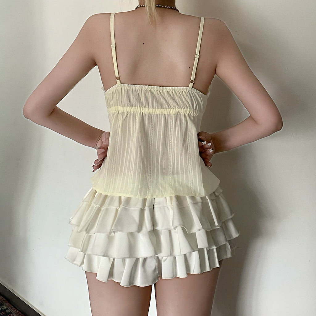 Débardeur léger à bretelles spaghetti pour femmes avec un design de volants ludique et une taille ajustable R&B