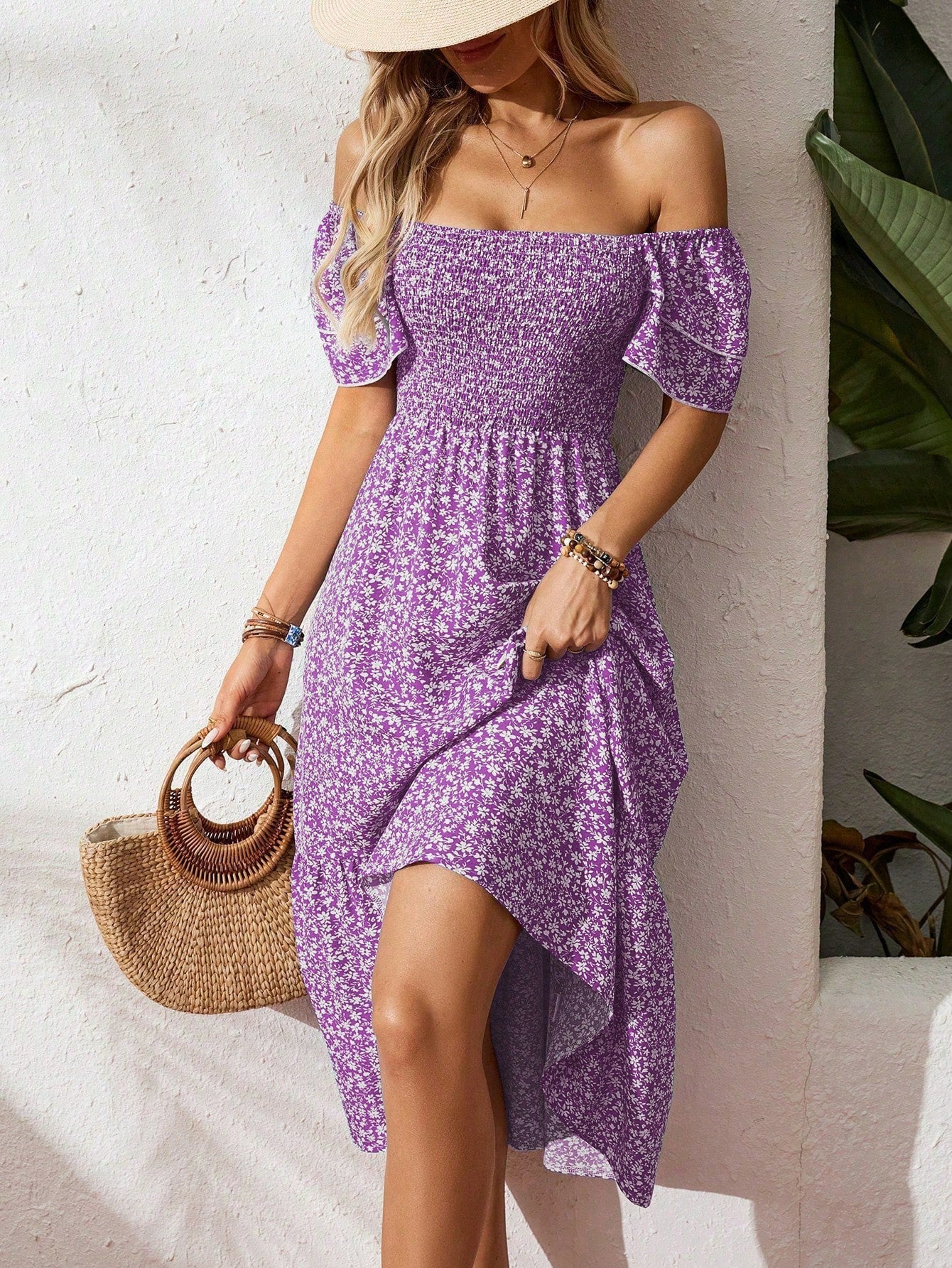 Robe Maxi Off-Shoulder pour Femmes avec Motifs Floraux et Haut Élastique R&B