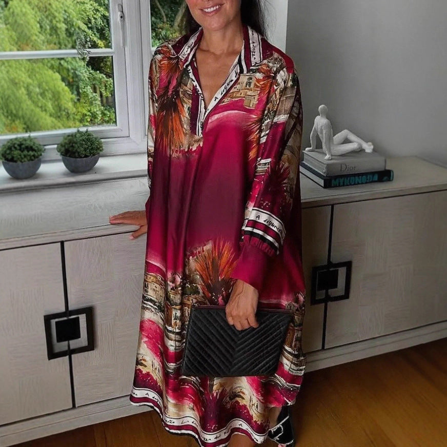 Robe chemise en aspect soie pour femmes au style caftan avec imprimé côtier illustratif R&B