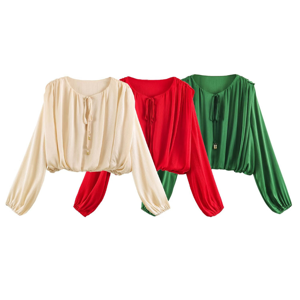 Blouse Carmen Boho aérienne pour femmes avec cordon de serrage, manches ballon amples et ourlet élastique Echo Archiv