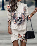 Robe élégante à manches longues pour femmes avec motif crâne et fleurs