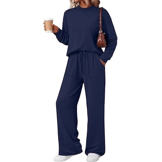 Ensemble de Loungewear Femme en jersey doux avec col rond et pantalon à cordon