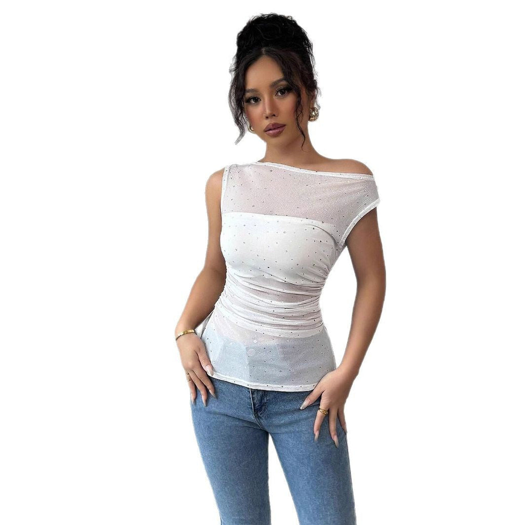 Top en mesh ajusté pour femmes avec ornements en strass, décolleté asymétrique et fronces à la taille R&B
