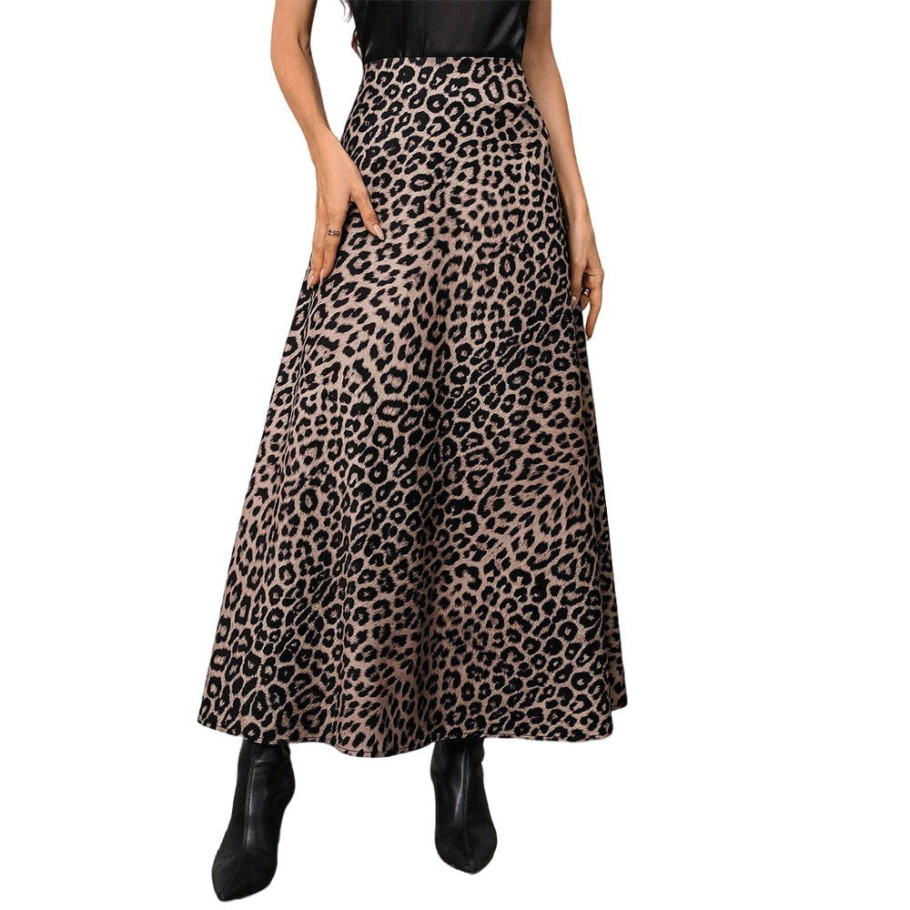 Jupe maxi femme à taille haute, coupe évasée en A et imprimé léopard marqué