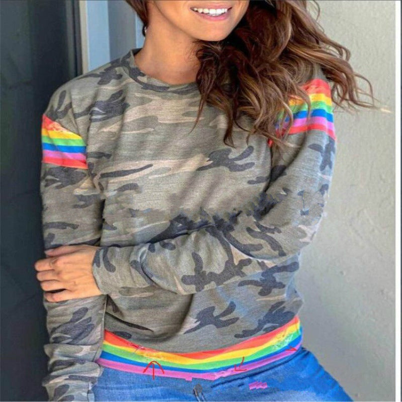 Sweatshirt camouflage pour femmes avec des rayures contrastantes et col rond Echo Archive