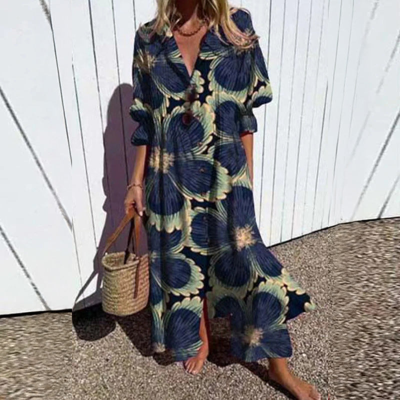 Robe Maxi Fluide pour Femmes avec Boutonnage Intégral, Décolleté en V et Imprimé Ethnique Echoarchiv