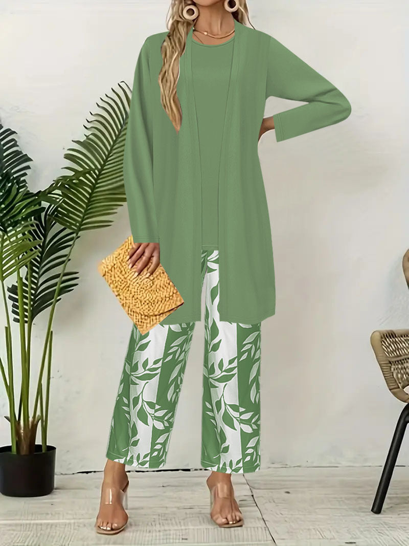 Cardigan long ouvert en maille fine pour femmes avec ourlet droit et pantalon palazzo à imprimé feuillage Set Echoarchiv