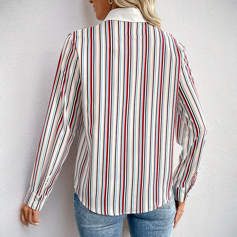 Blouse chemise élégante à rayures pour femmes avec col orné et manches retroussables Echoarchiv
