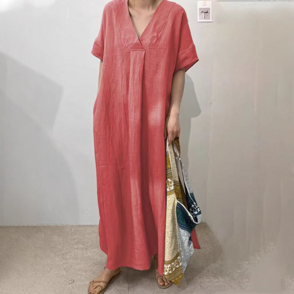 Robe longue en lin pour femmes avec décolleté en V et coupe décontractée R&B
