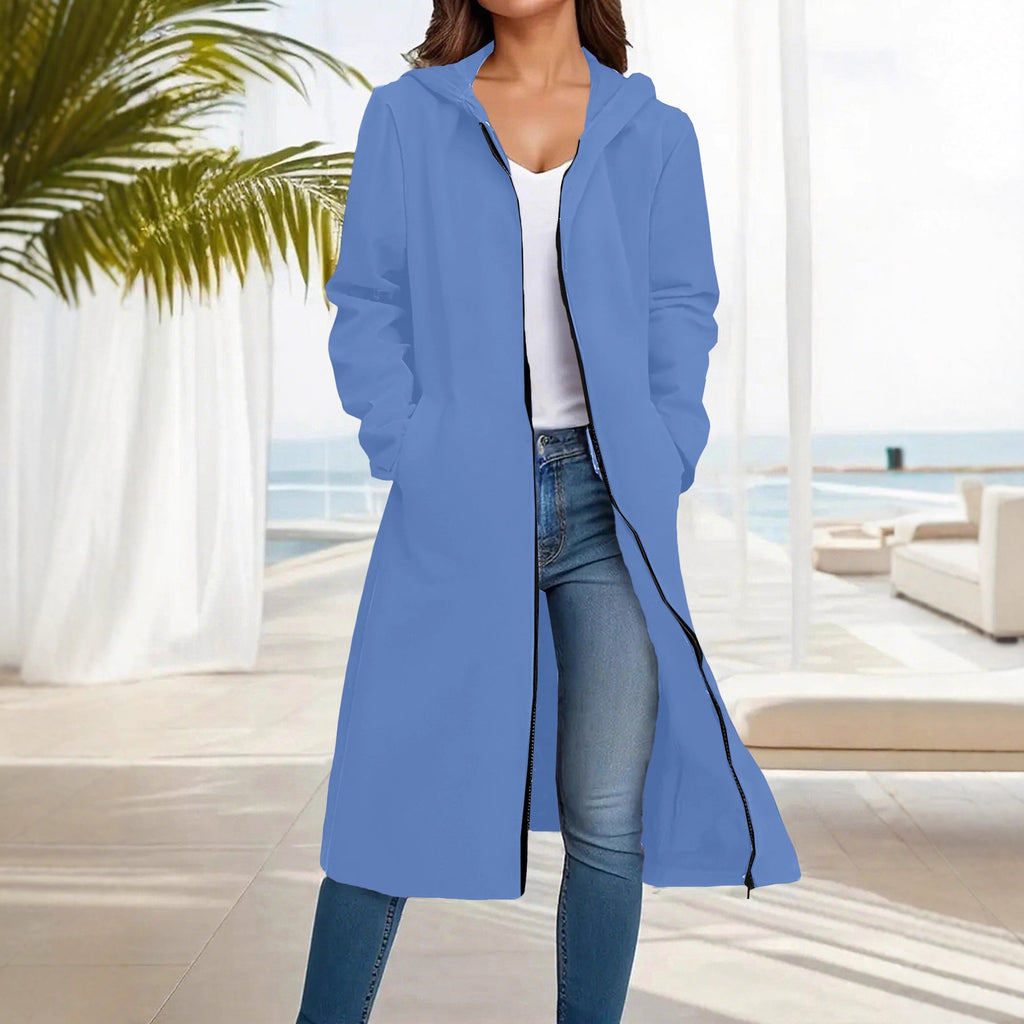 Manteau long à capuche pour femmes avec fermeture éclair intégrale et coupe A décontractée Echoarchiv