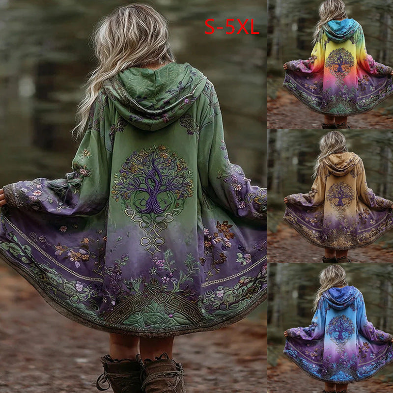 Manteau à capuche Boho pour femmes en coupe évasée avec motif arbre et dégradé Echoarchiv