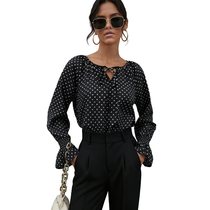 Chemisier en Chiffon pour Femmes avec Pois, Décolleté en V et Manches Smockées