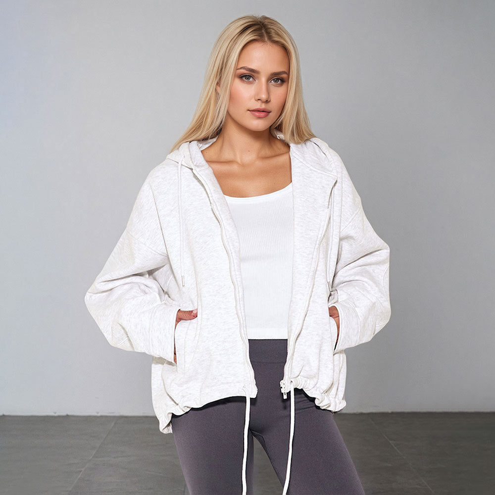 Veste à capuche oversize pour femmes avec fermeture éclair, ourlet à cordon et poches kangourou