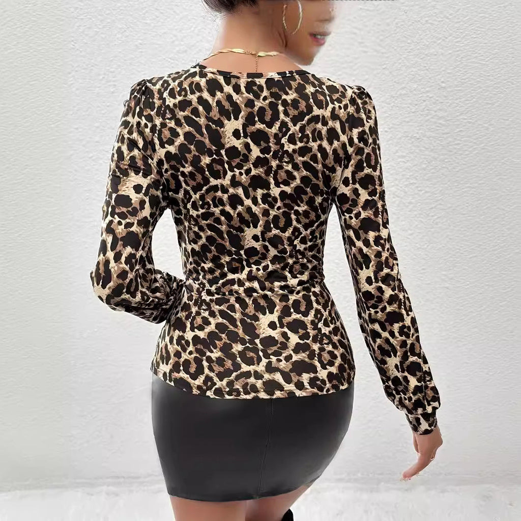 Body à manches longues cintré pour femmes avec décolleté en V en dentelle et motif léopard R&B