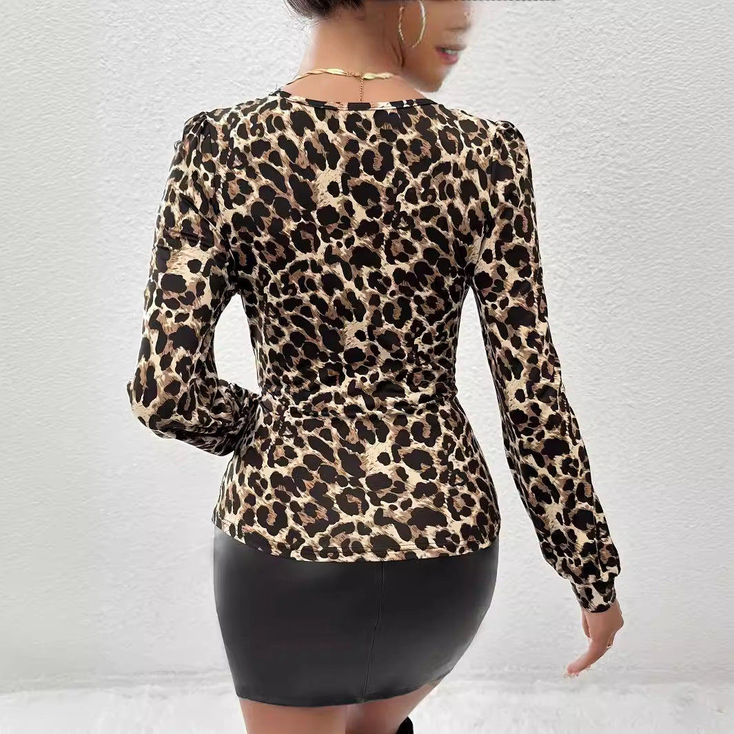 Body à manches longues cintré pour femmes avec décolleté en V en dentelle et motif léopard R&B
